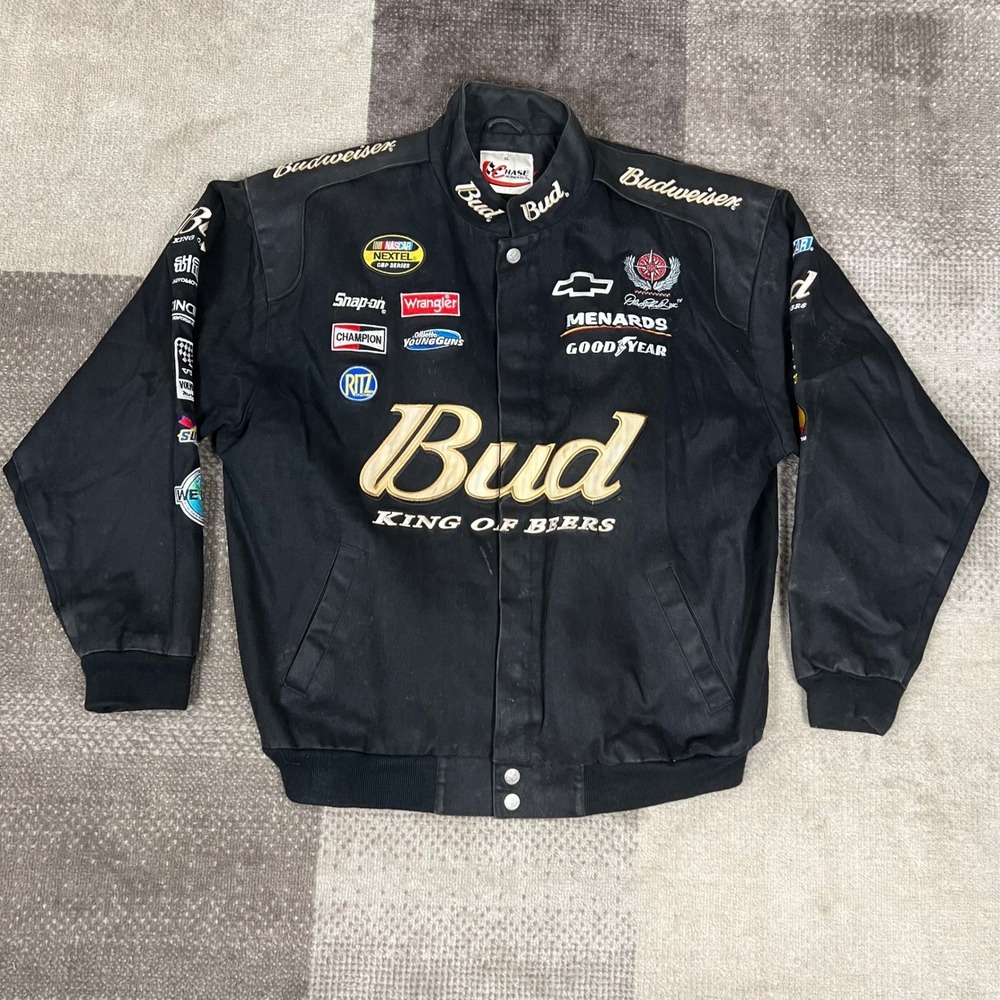 Vintage Chase Authentics Budweiser Nascar Jacket Mens XL Black Dale Earnhart